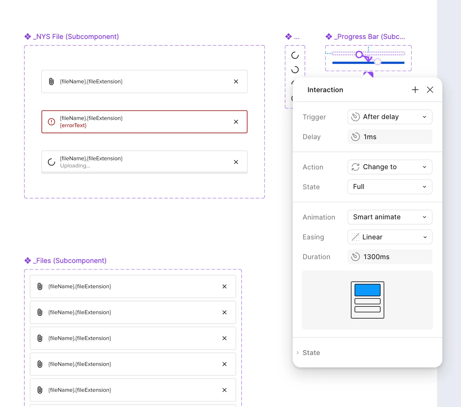 Figma’s prototype Interaction panel: trigger “After delay” with a 1ms delay, action “Change to”, Smart animate with Linear easing and a 1300ms duration, next to purple-outlined file and progress bar sub-components.