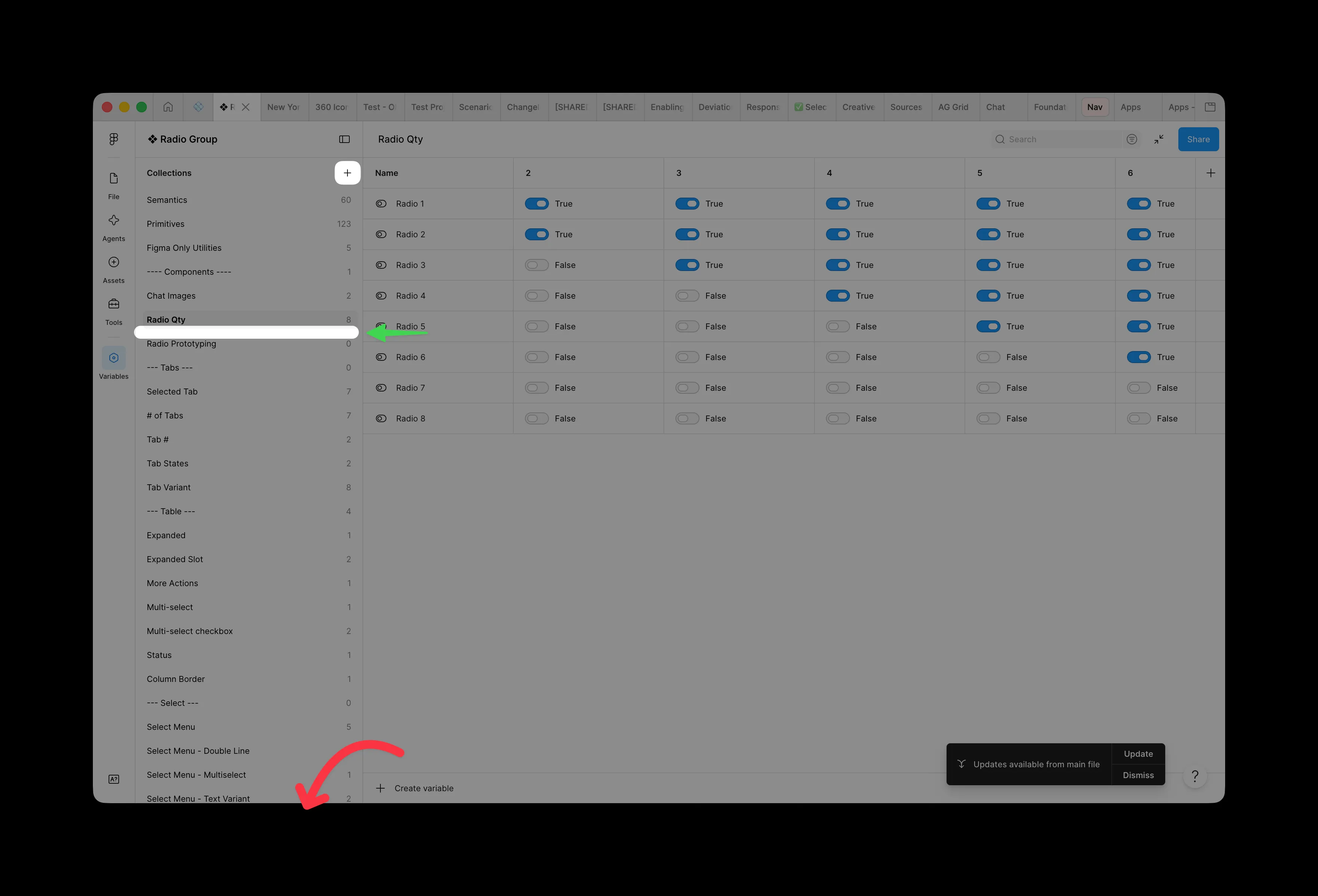 Figma’s Variables panel with the collections list on the left. A white highlight and green arrow mark the spot just below the selected “Radio Qty” collection where a new collection should appear, while a red arrow at the very bottom of the list shows where Figma puts it instead.